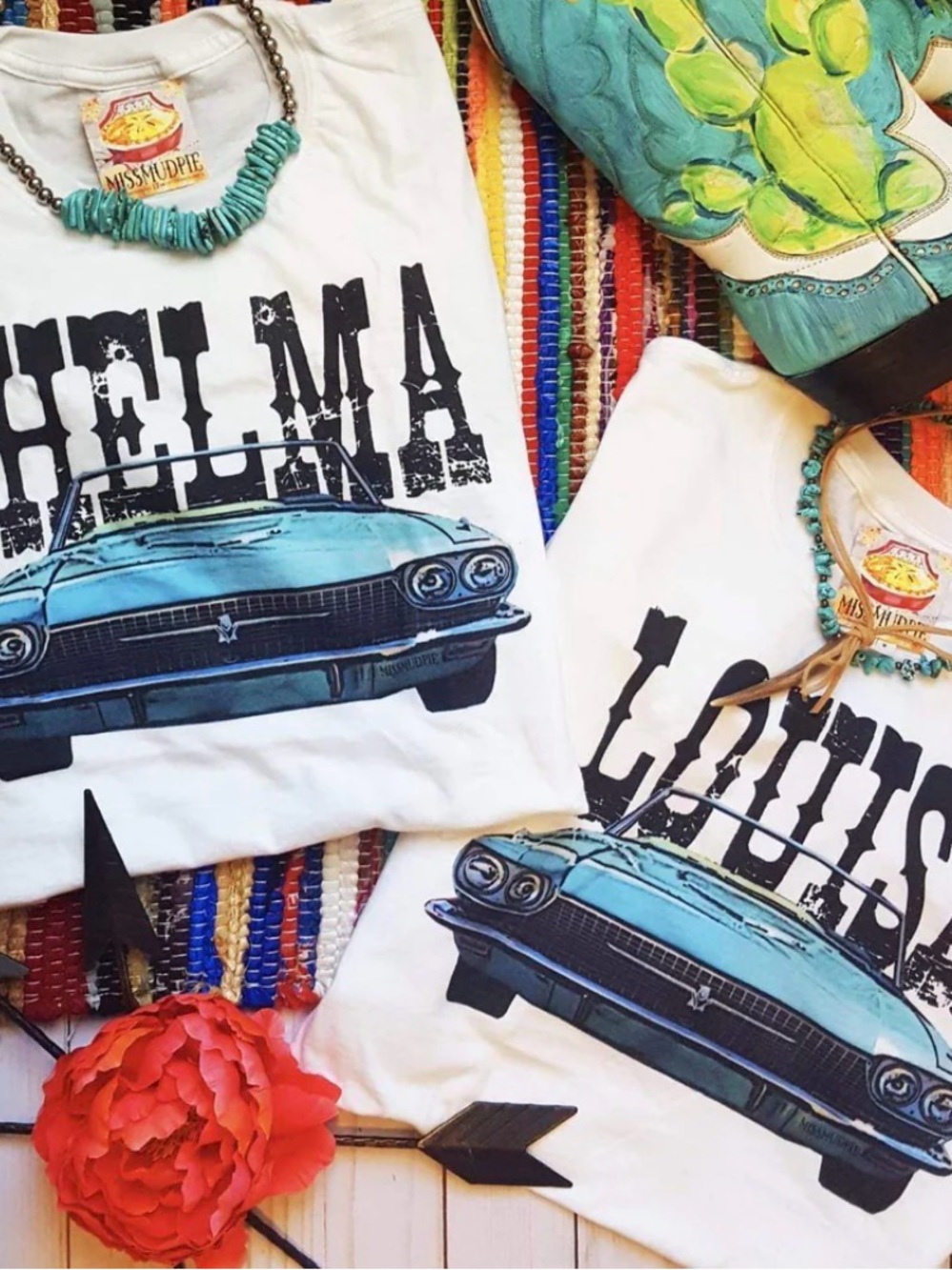 White Graphic Tee with Teal Classic Car Print Thelma & Louis set